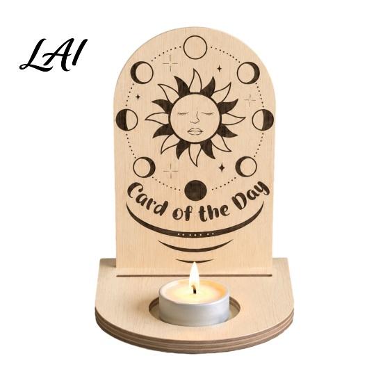 Decorative Tealight Stand Wooden Tarot Card Holder Stand of The Day Candle Holder Moon Rustic Home Decor Sun Star Pattern Altar Display for