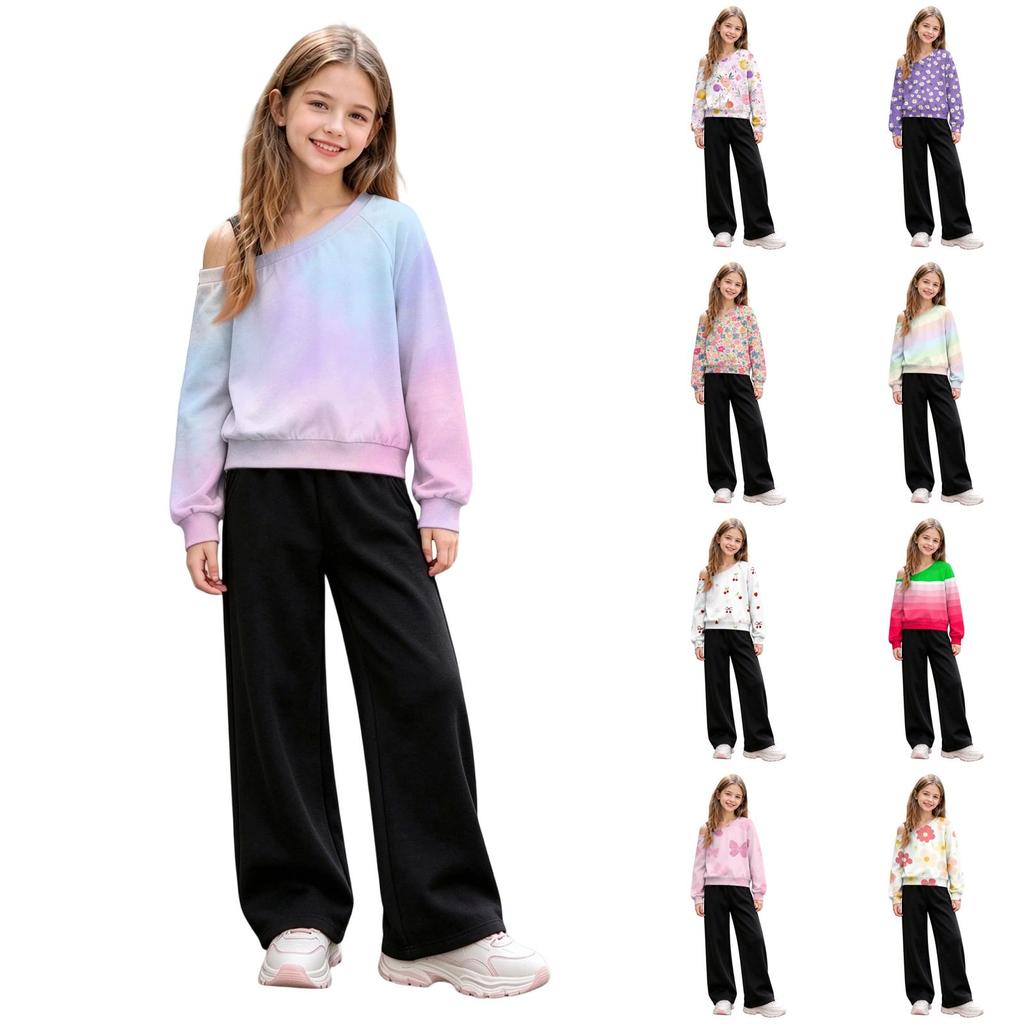 Girls' Casual 2 Piece Outfit Off Shoulder Print Sweatshirt and Black Wide Leg Pants Set