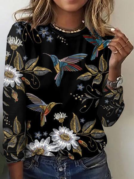 Round Neck 3D Flower Printed Top Fashionable Casual Long Sleeved Women's T-shirts