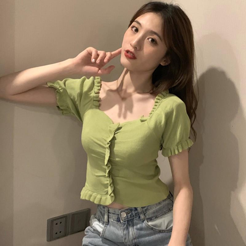 Women Solid Color Short Sleeved V Neck Slim Knitted Tops Summer Basic Wild Wind Tops