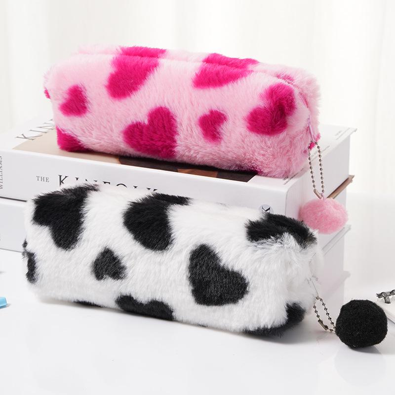 Leopard Heart Plush Pencil & Makeup Bag for Students
