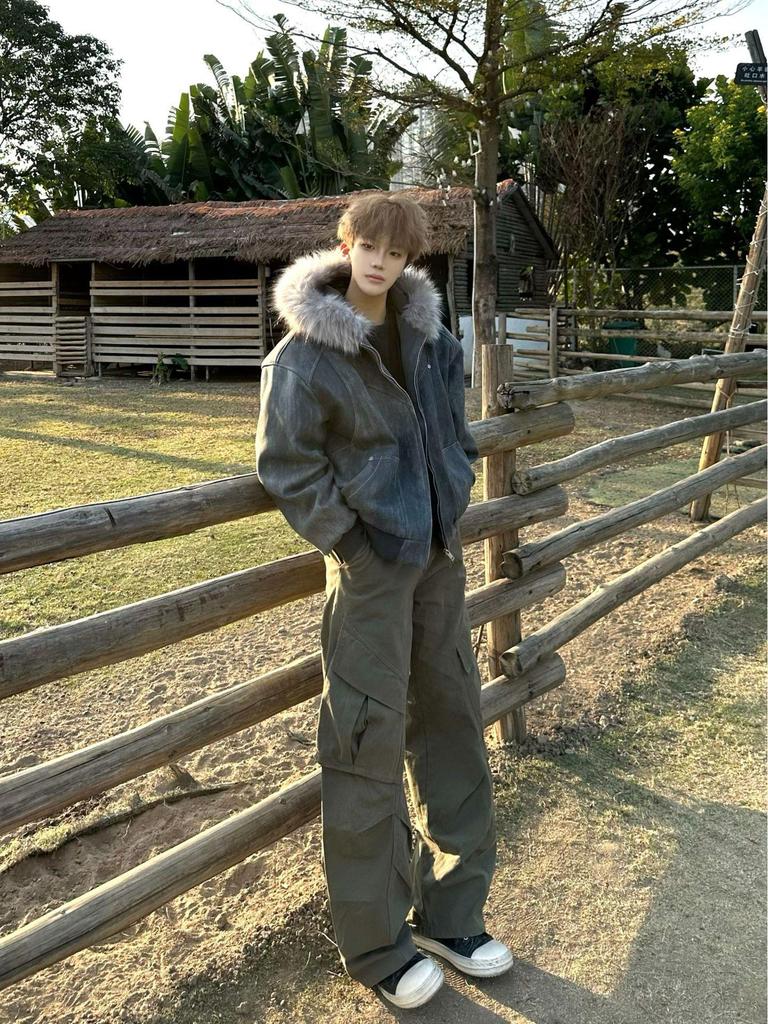 Unisex American Design Ink-Dyed Hooded Jacket with Fur Collar and Cotton Padding for 2025 Autumn/Winter.