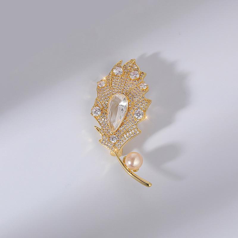 Elegant Copper Zirconia Leaf Brooch with Freshwater Pearl Pin