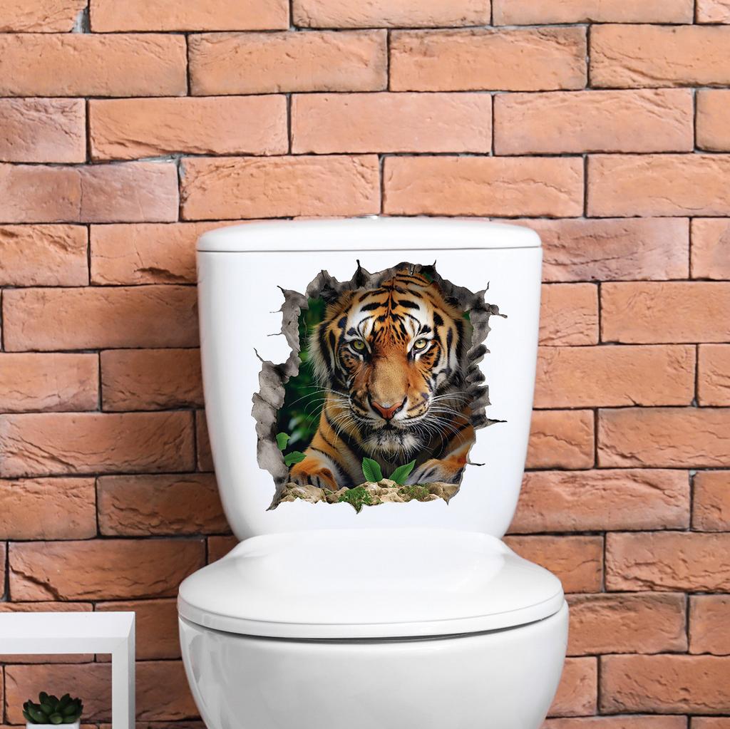 Fierce 3D Breaking Wall Tiger Toilet Stickers, Waterproof Removable Self-Adhesive Bathroom Decals