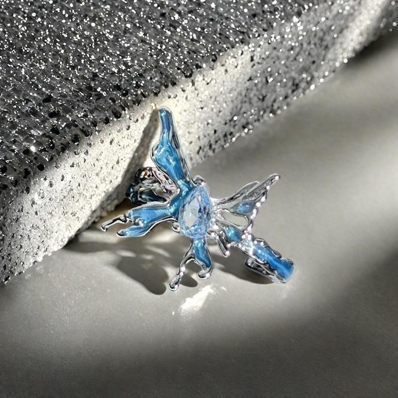 Blue Oil Drop Butterfly Open Ring Irregular Fold Light Luxury High Sense Niche Personality Ring
