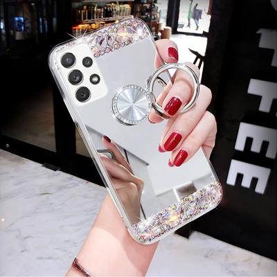 Diamond Mirror Ring Holder Phone Case For Samsung S23 S22 Ultra S21 S20 FE A14 A24 A34 A54 A13 A23 A33 A53 A12 A22 A32 A52 A51 A50/Redmi Note 12 11 10