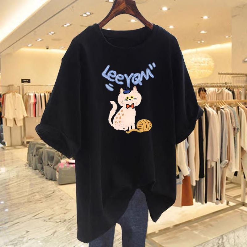 2025 Spring/Summer Cartoon Cat Print Pure Cotton T-Shirt - Fashionable Short Sleeve Top