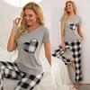 Summer Sleeping Suit for Women 2 Pieces Pajamas Set V Neck Short Sleeves Heart Printed Shirts and Plaid Long Pants Leisure Home Wear Nighty