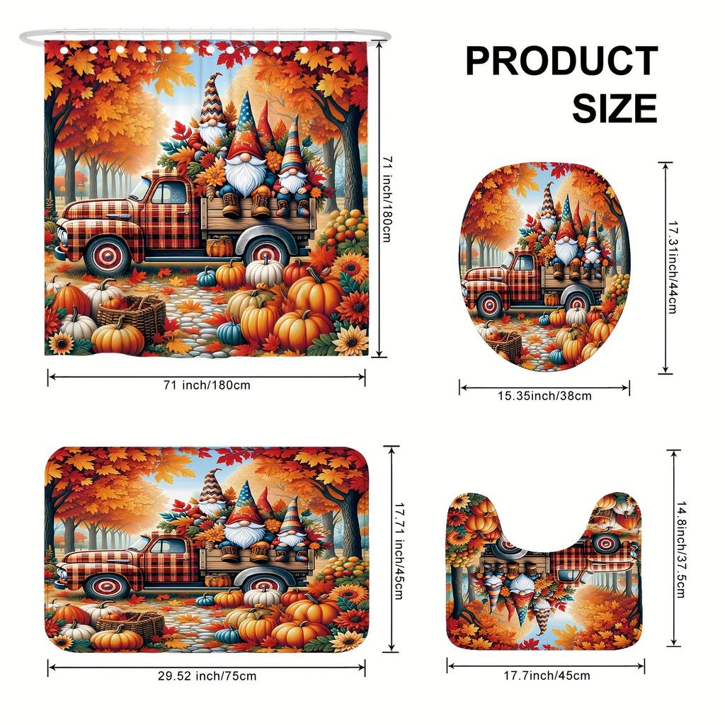 Pumpkin Shower Curtain Set - Includes Shower Curtain & Bath Mat, Non-Slip Rug And U-Shaped Toilet Lid Cover For Bathroom Decor