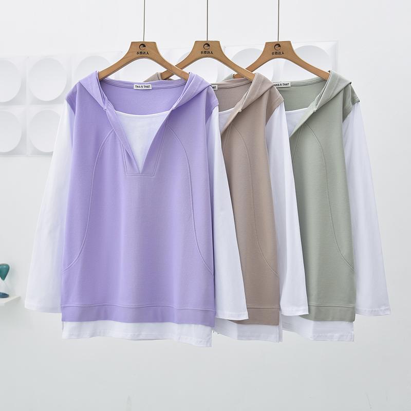 New Spring and Autumn Oversized Patchwork Loose Mid Length Casual Long Sleeved Hooded Fake Two-piece Hoodie for Women
