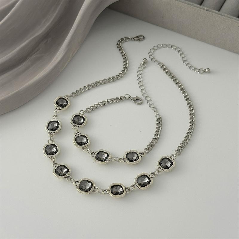 Adjustable Black Diamonds Necklace Matching Bracelet Alloy Texture for Comfortable Everyday Wear Versatile Accessory