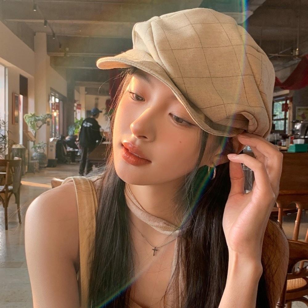 Vintage Octagonal Cap Newsboy Peaked Hat Korean Plaid Beret  Women