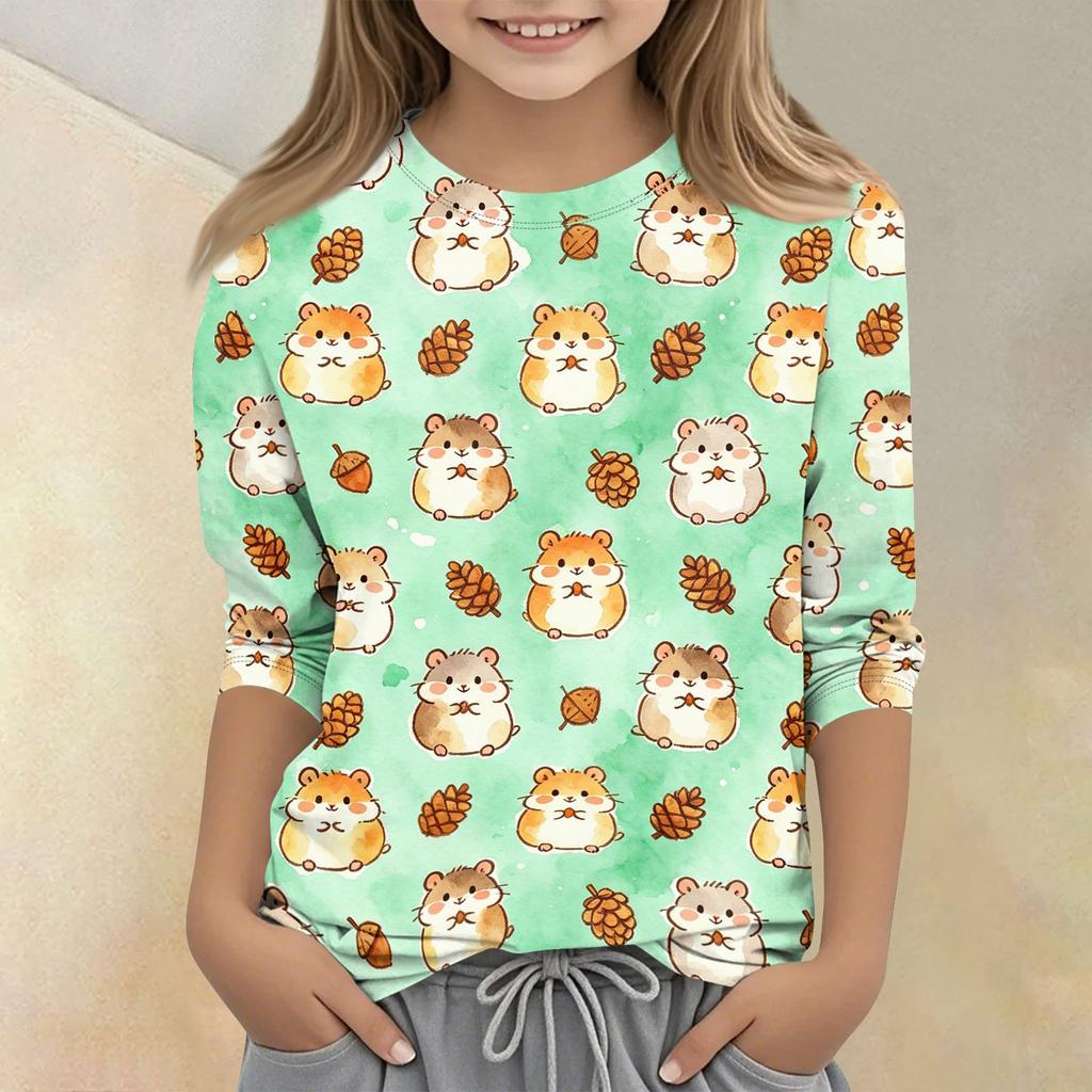 Kinder Tierdruck Rundhals Dreiviertelarm Lässiges T-Shirt Weicher Bequemer Stoff Geeignet für den Alltag und Spielzeit