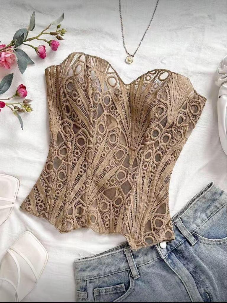 European & American Lace Corset: Hollow-Out Fishbone Bustier Top with French Print