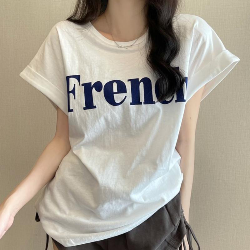 

GMXIA Тонкая футболка с приспущенными плечами, милая, крутая, с коротким рукавом, свободная, женская, летняя, студенческая M белый