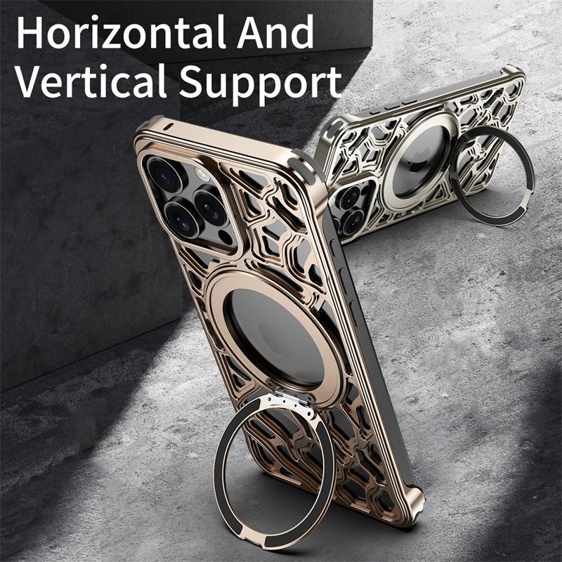 Luxury Metal Alloy Phone Case For iPhone 16 15 17 Pro Max 360°Rotating Bracket Magsafe Lens Protect Shockproof in-vehicle Cover