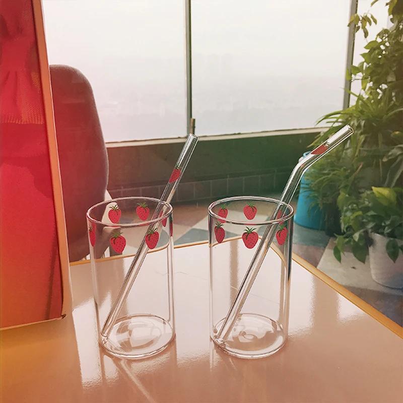 300ML Ins Kawaii Style Mugs Strawberry Glasses Coffee Milk Water Glass Cups with Straws Clear Cute Juice Gifts for Girl Lady Set