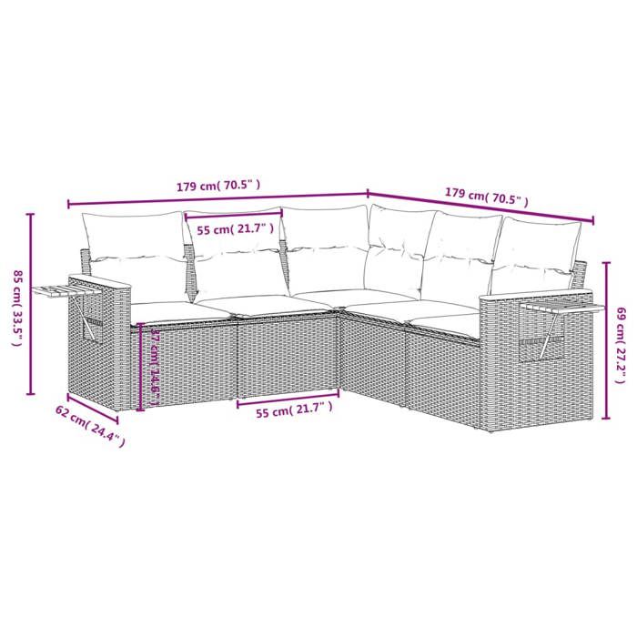 VidaXL Salon de Jardin avec Coussins 5 pcs, Canapés de Terrasse, Ensemble de Meubles de Patio, Mobilier d'Extérieur, Beige 3259203
