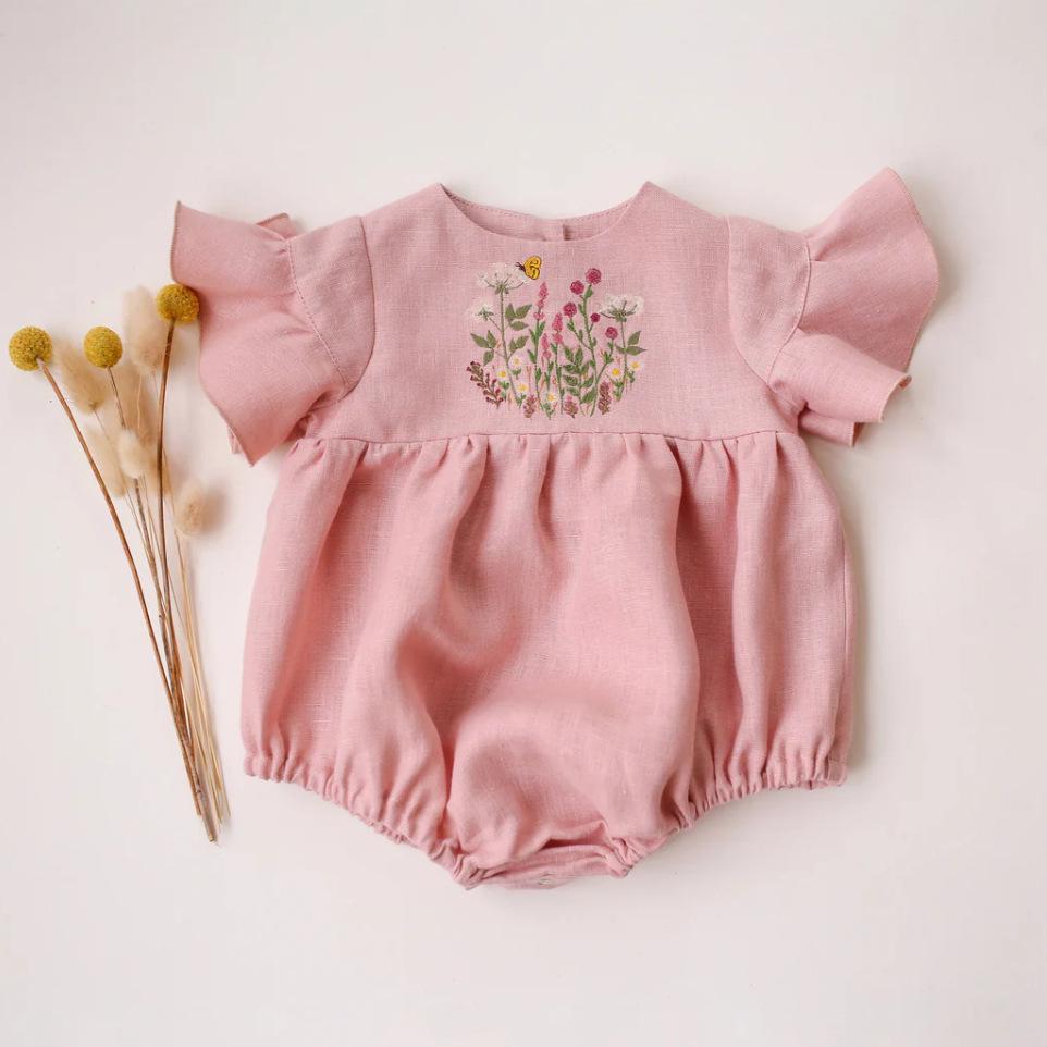 

2025 Baby Girl Flared Sleeve Cotton Linen Embroidered Romper 18-24 months