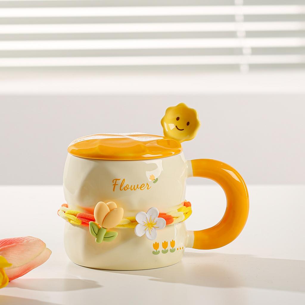 Tulip Mug with Lid Spoon High End Sense of Girls' Flowers Ceramic Cup High Looking Cute Ins Household Water Cup