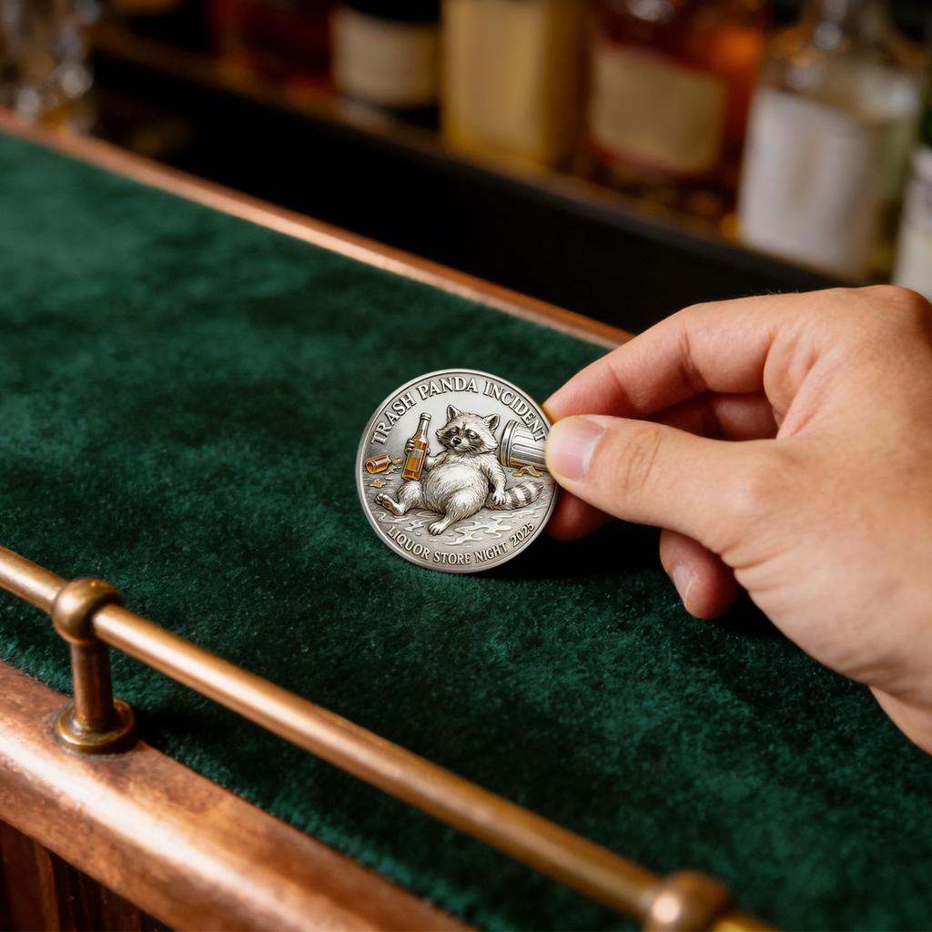 Mince s tématem zničeného incidentu, Vtipná mince s mývalem pijícím, Sběratelská mince pitné výzvy, Bar, Nový dárek pro přátele, Bar