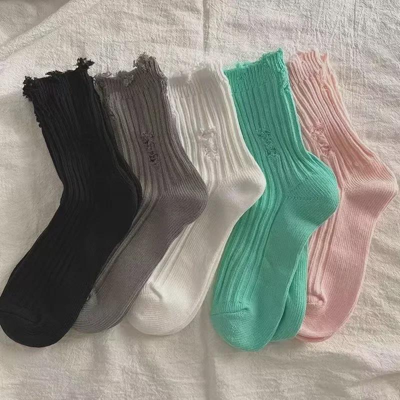 Women's Ripped Beggar Socks - Mid-Tube Cotton Pile for Autumn/Winter