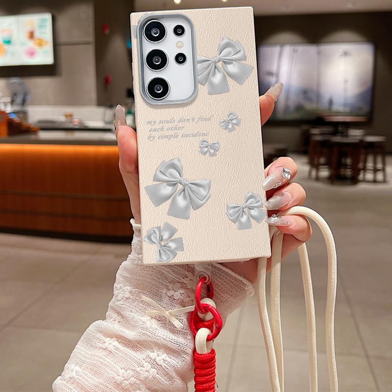Bowknot Print Leather Texture Slim Matte Case For Samsung S25 Ultra S24 FE S23 A16 A56 A55 A36 A15 A35 Lanyard Rope Shockproof TPU Soft Phone Cover