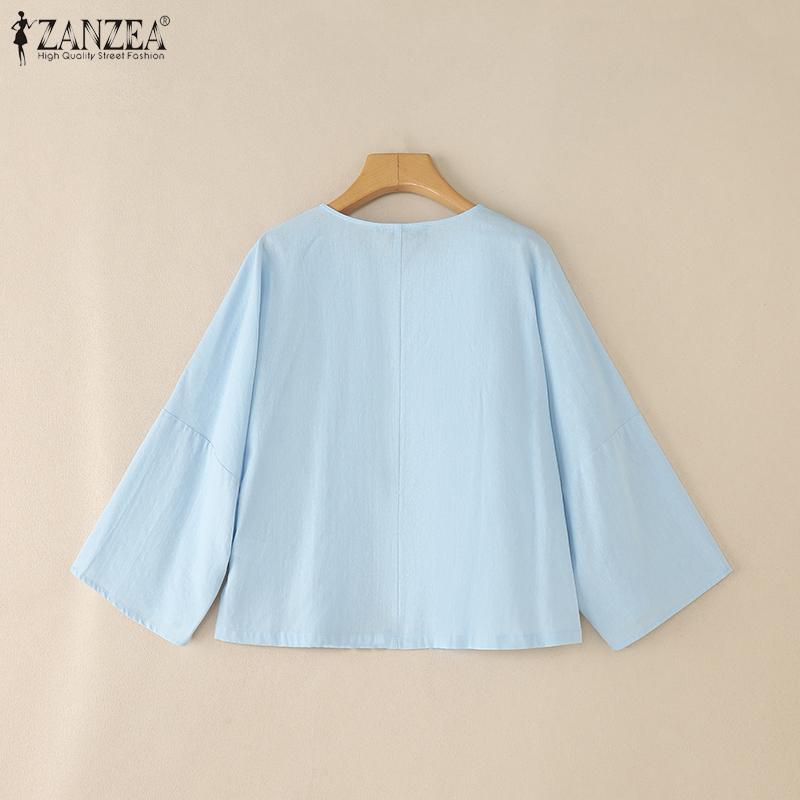 ZANZEA Women Casual Round Neck 3/4 Sleeve Loose Cardigan Summer Blouse
