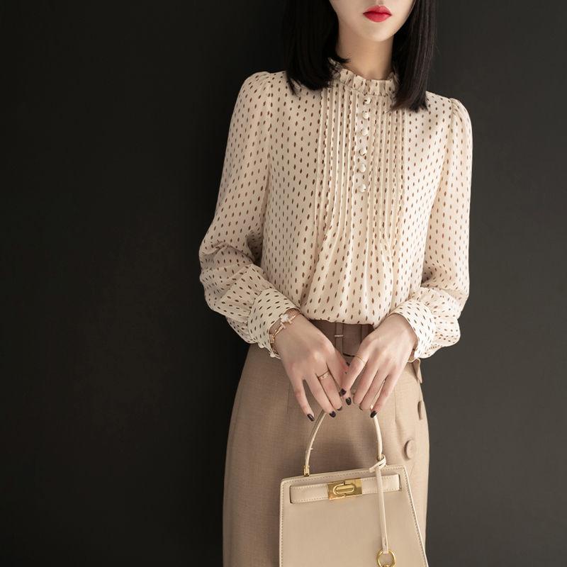 Dámské jarní a podzimní šifonové halenky, košile, dámské ležérní dlouhé rukávy s výstřihem do O, puntíkovaný tištěný šifonový blůz...