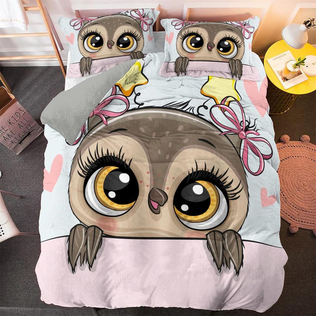 Owl Cartoon Quilt Cover Set with Pillowcase,Microfiber 2Pcs Duvet Cover with Zipper for Kids Teens Adult Girls Bedroom Single