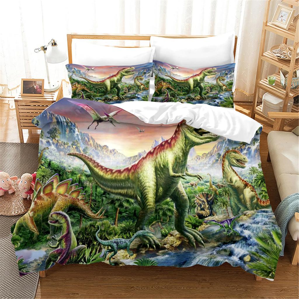 Carton Dinosaur Soft Duvet Cover King Quen Children Kids Jurasic World Stegosaurus Tyranosaurus Beding Set 2/3pcs Polyester Comfortable Quilt Cover