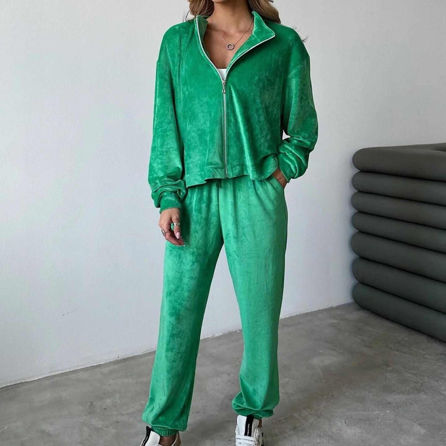 

QICED Осенне-зимнее пальто с длинными рукавами и карманами на молнии, брюки с закрытыми стопами, вельветовые брюки, повседневный костюм XL зелёный