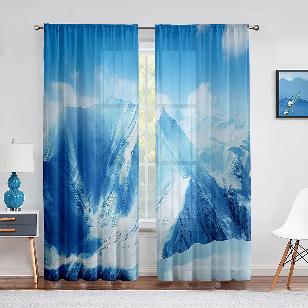 Surreal Cold Season Scenery High Snow Mountain Peaks Sheer Voile Curtains for Kitchen Living Room Bedroom Tulle Curtains Decor