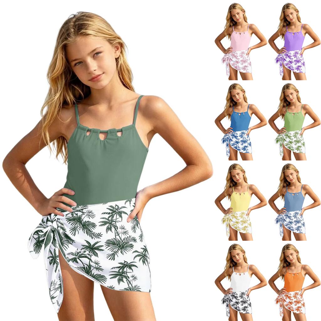 Girls Two Piece Swimsuit Set Tankini Top with Adjustable Straps and Printed Wrap Skirt Bottom Swimwear for Kids Beach Pool