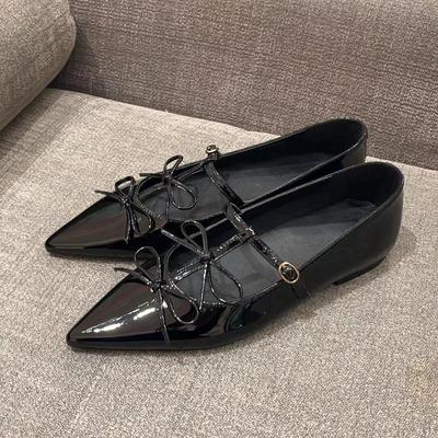 Version peau de mouton~ Cuir bout pointu nœud léger bouche plate semelle plate Mary Jane chaussures simples femme semelle souple petites chaussures en cuir chaussures pour dames