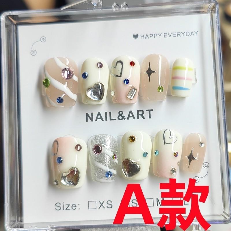 100% HANDMADE Trapezoid Coffin Shape Artificial Nail Art Dopamine Cute Lady Phototherapy Nails Reusable Nails