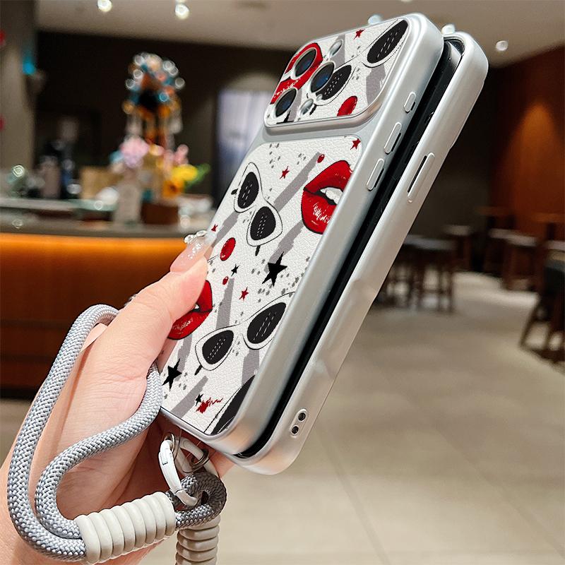 Leopard Kiss Lips Leather Lanyard Case For iPhone 18 Pro Max 17 16 15 14 13 Pro Max Luxury Hybrid TPU+PU Anti-skid Soft Phone Cover