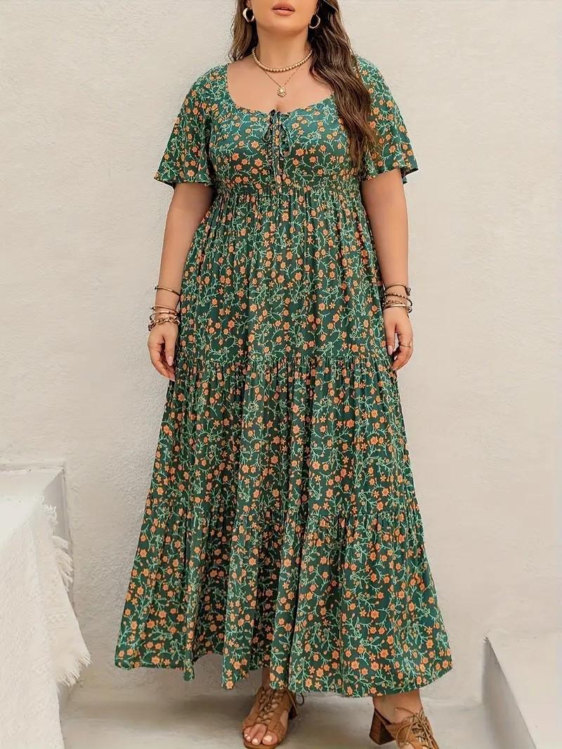 Plus Size Bohemian Floral Loose Short Sleeve Dress 1XL