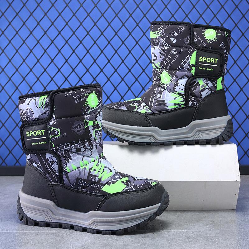 Chlapecké zimní 2025 vysoké sněhule s hustou plyšovou podšívkou - bavlněné outdoorové boty pro děti