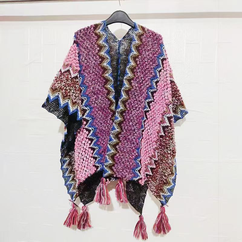 Shawl Wraps for Women Boho Knit Poncho Ladies Rainbow Casual Loose Striped Fringe Blanket Scarf