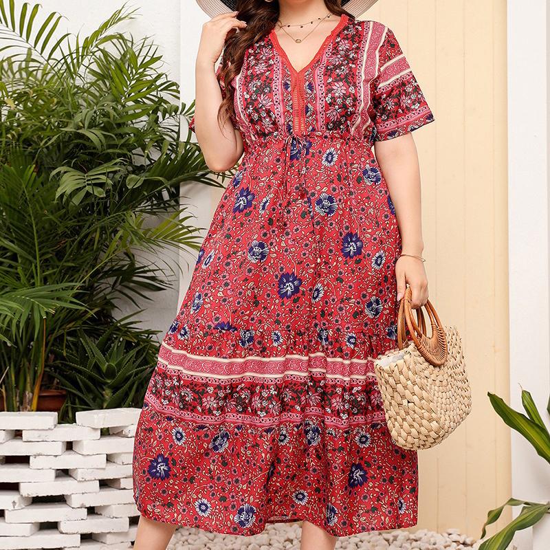 (M~4XL) Vestido Largo Boho con Estampado Floral para Mujer Cuello en V manga corta cintura alta patchwork vestido maxi moda casual transpirable ligero talla grande