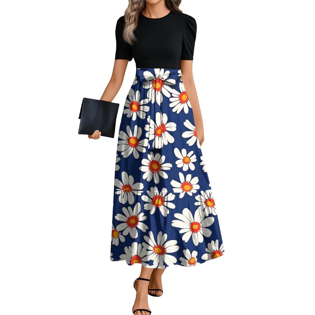 Ladies Fashion Casual Belt Short Sleeve Round Neck Floral Print Splicing Elegant Temperament Dress