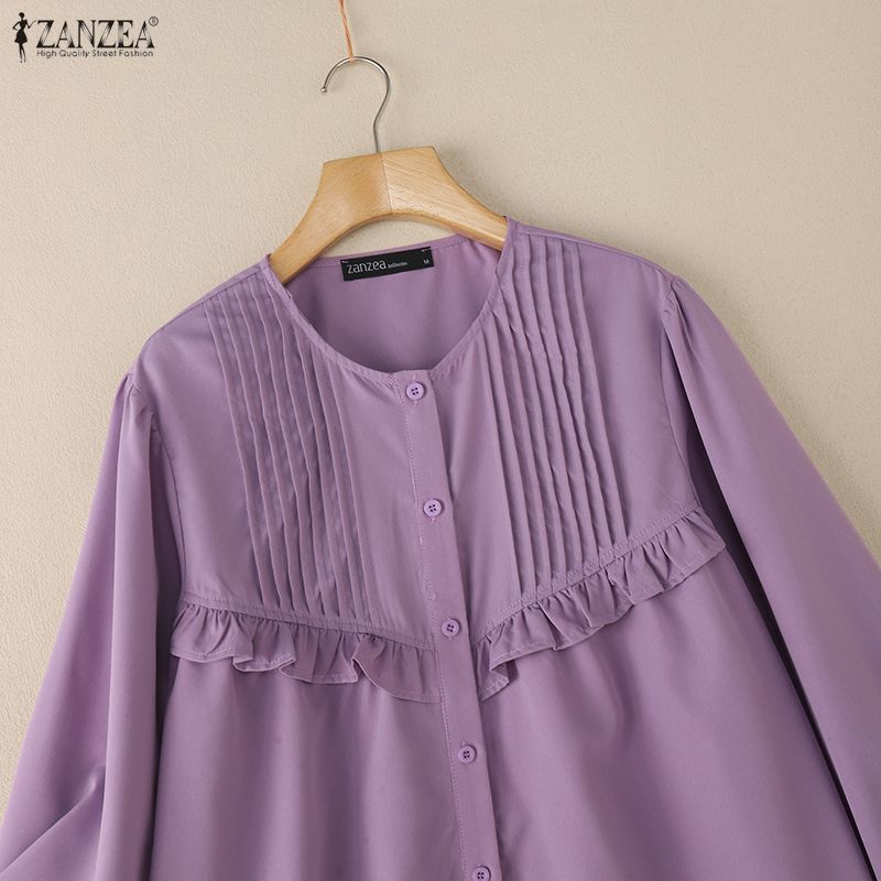 ZANZEA Camicetta casual da donna a maniche lunghe con scollo rotondo e tinta unita