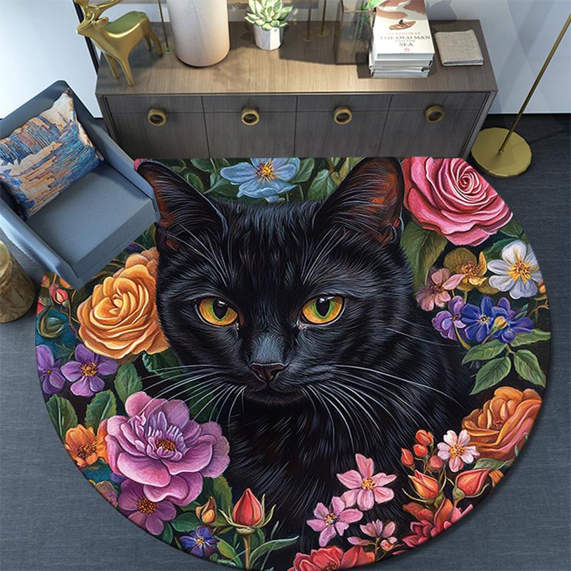 Black Cat Floral Round Area Rug,Carpet Rug for Living Room Bedroom Sofa Playroom Decor,Non-slip Floor Mat