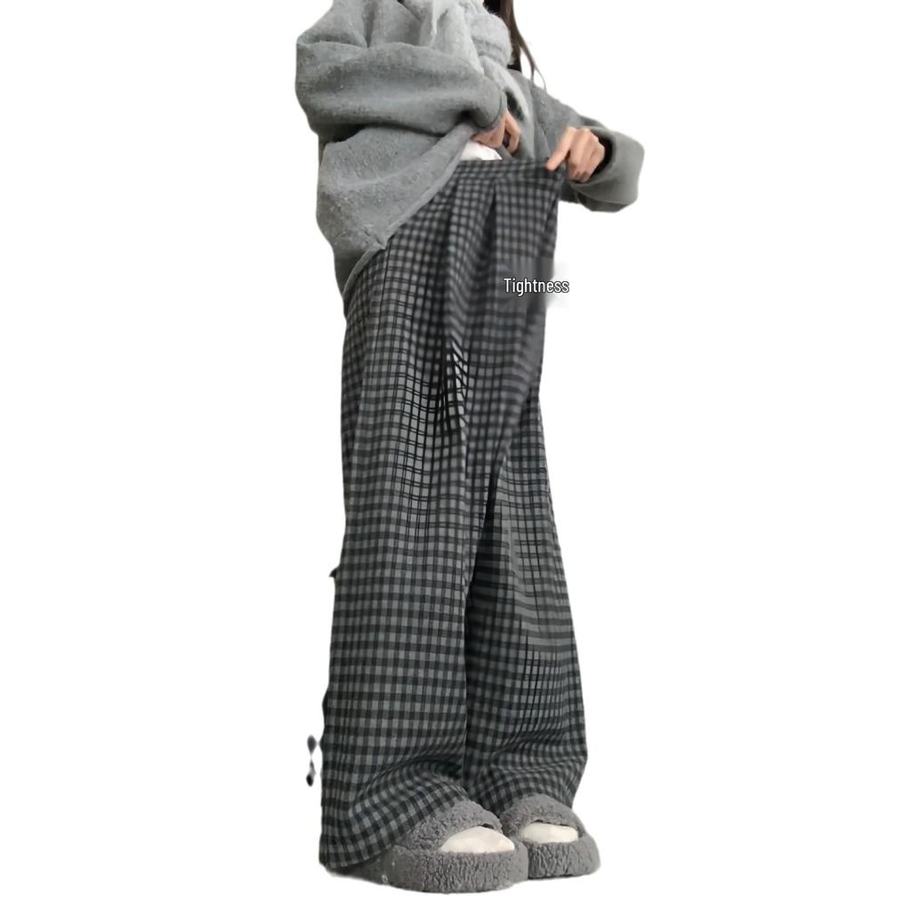 Retro Color Block Plaid Fleece-Lined Wide-Leg Pants - Women's Autumn/Winter Loose Casual Style