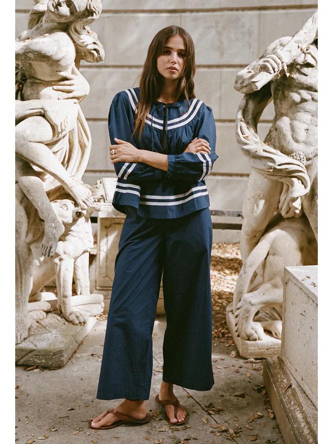 

Women s Naval Academy Style Blue-White Striped Long Sleeve Cotton Top with Lace-up Neck 38 синий