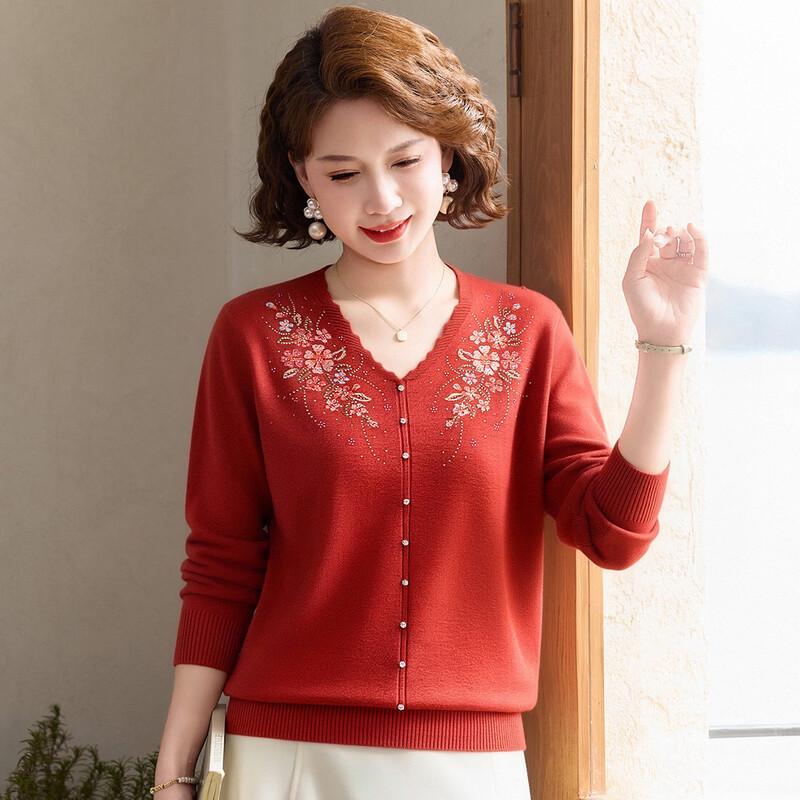 Pastel Women's Floral Embroidered Rhinestone V-Neck Knit Sweater
