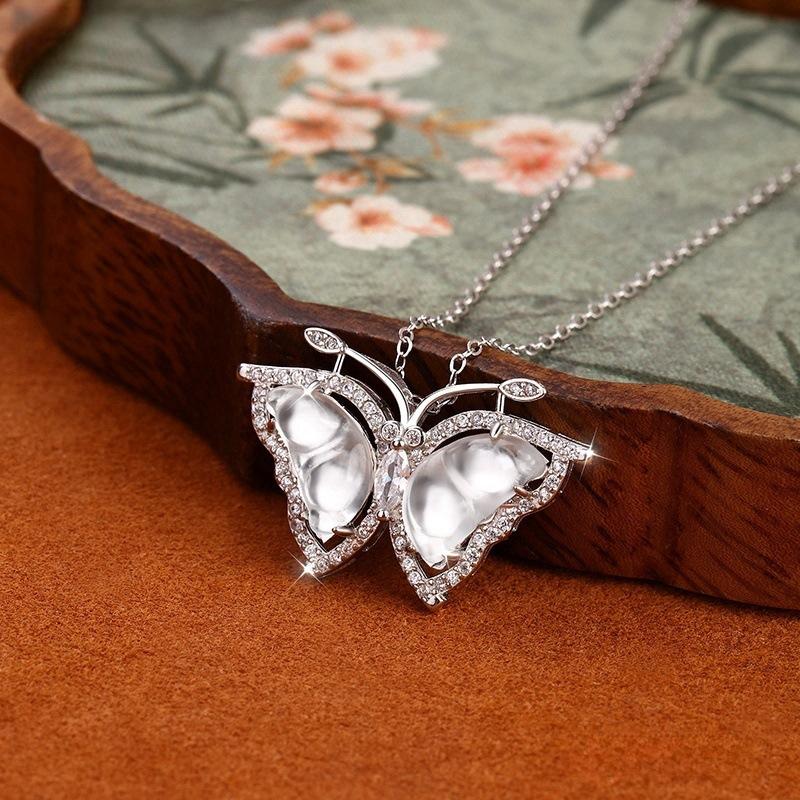 S925 Sterling Silver Butterfly Pendant Necklace for Women Natural Jadeite Blue Crystal High-End Niche Design New Chinese Style Jewelry