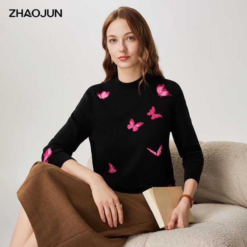 Zhaojun Women's Butterfly Jacquard 100% Wool Half-High Collar Sweater