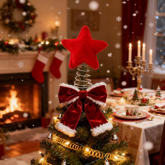 Julgransspira Röd Plysch Femuddig Stjärna Dekor Metallram Säker Bas Traditionell Juldekor Hemfestdekoration